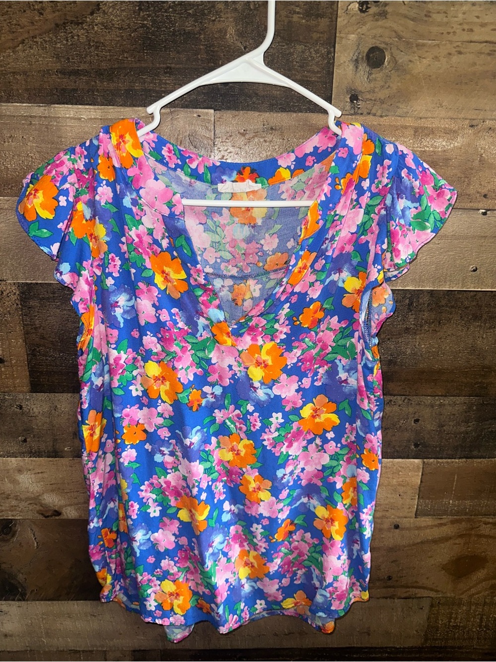 Floral V-Neck Flutter Sleeve Blouse — Blue Multi